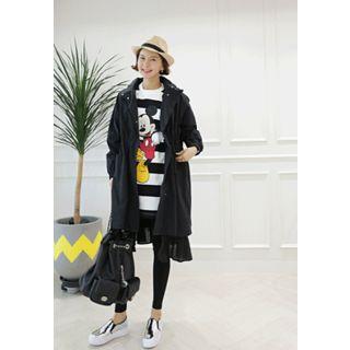 Set: Raglan-sleeve Drawstring-waist Coat + Sleeveless Buttoned Dress