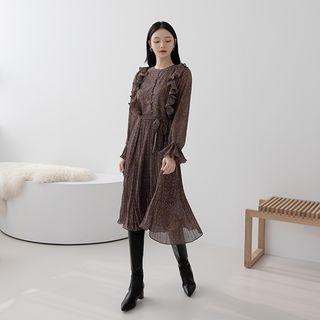 Pleated Frill-trim Floral Long Chiffon Dress Brown - One Size