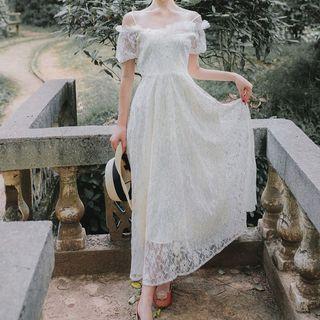Lace Sequined Cold Shoulder Midi A-line Dress