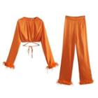 Long-sleeve Fluffy Trim Top / Wide Leg Pants