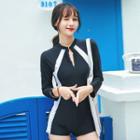 Long-sleeve Two-tone Zip Swimsuit