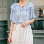Short-sleeve Ruffle Trim Blouse Blue - One Size