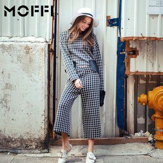 Set: Check Long-sleeve Top + Wide Leg Pants