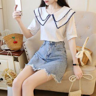 Set: Elbow-sleeve Wide Collar Top + Mini Denim Skirt