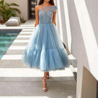 One-shoulder Mesh Midi Cocktail Dress