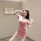 Velvet Long-sleeve Drawstring Bodycon Dress