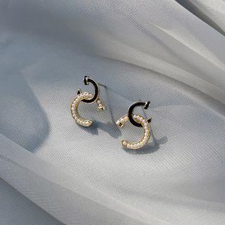 Rhinestone Lettering Stud Earring 1 Pair - Black & Gold & White - One Size