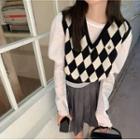 Argyle Cropped Cardigan / Sweater Vest / Plain Blouse