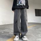 Lightning Bolt Embroidered Wide Leg Jeans