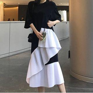 Elbow-sleeve Two-tone Panel Midi T-shirt Dress
