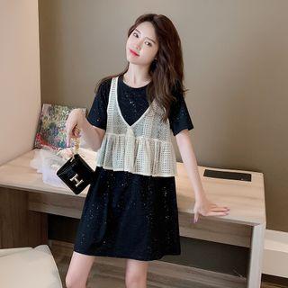 Set: Short-sleeve Glitter T-shirt + Lace Vest