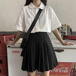 Elbow-sleeve Peter Pan Collar Shirt / Plaid A-line Mini Skirt