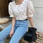 Puff-sleeve Cherry-patterned Blouse One Size