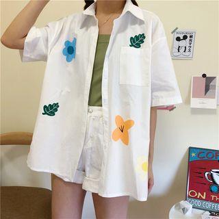 Printed Short Sleeve Blouse White - One Size