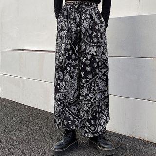Drawstring Waist Paisley Print Straight-cut Pants