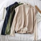 Set: High-neck Plain Top + Loose-fit Knit Vest