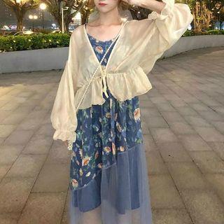 Spaghetti Strap Midi Floral Dress / Bell-sleeve Light Jacket