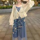 Spaghetti Strap Midi Floral Dress / Bell-sleeve Light Jacket