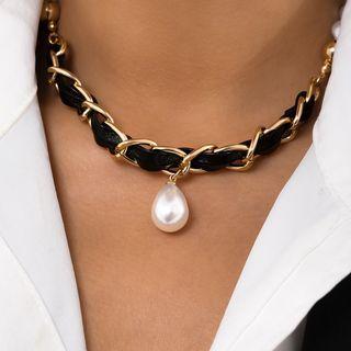 Faux Pearl Pendant Faux Leather Alloy Choker