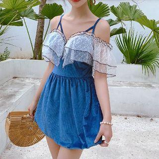 Cold-shoulder Dotted Mesh Ruffle Swimdress
