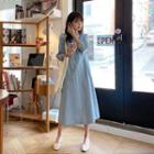 3/4-sleeve A-line Long Denim Dress Light Blue - One Size