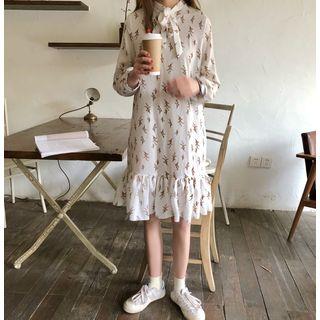 Tie-neck Flower Print Midi A-line Dress / V-neck Knit Vest