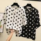 Dotted V-neck Elbow-sleeve Top