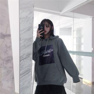 Letter Print Long-sleeve Hoodie Dark Gray - One Size