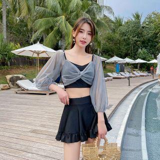 Set: 3/4-sleeve Mesh Panel Tankini Top + Swim Skirt