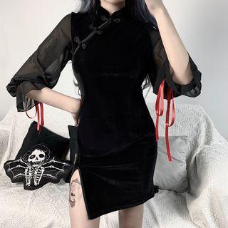 Elbow-sleeve Mesh Panel Mini Sheath Qipao Dress