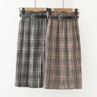 Belted Plaid Woolen Midi Skirt