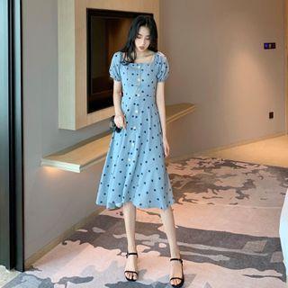 Puff-sleeve Square Neck Polka Dot Dress Blue - One Size
