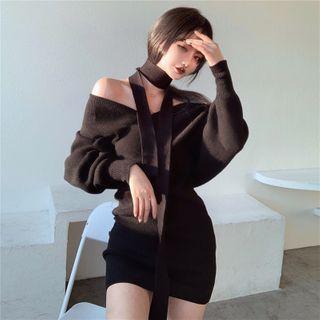 Plain Off-shoulder Long-sleeve Knit Dress - 2 Colors