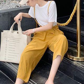 Plain Crew-neck Short-sleeve T-shirt / Cropped Suspender Pants