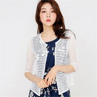 Open-front Elbow-sleeve Perforated Cardigan