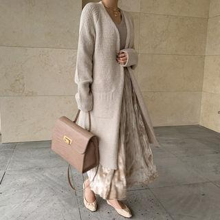 Woolen Knit Open Long Cardigan Light Beige - One Size