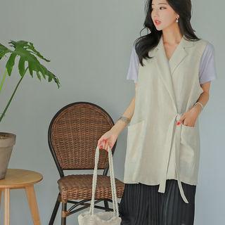Notched-lapel Tie-front Linen Long Vest