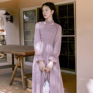 Puff-sleeve Glitter Striped Midi A-line Dress