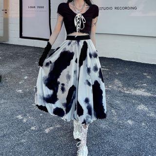 Tie-dyed Midi A-line Skirt Black - One Size