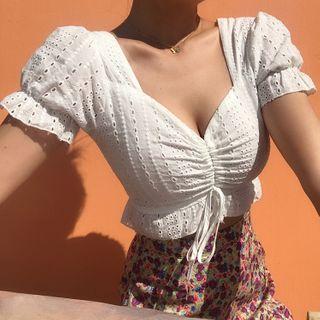 Eyelet Short-sleeve Drawstring Cropped Blouse