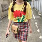 Flower Print Elbow-sleeve T-shirt / Midi A-line Skirt