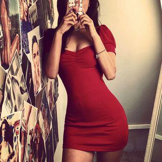 Puff-sleeve Knit Mini Bodycon Dress Red - One Size