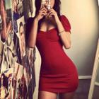 Puff-sleeve Knit Mini Bodycon Dress Red - One Size