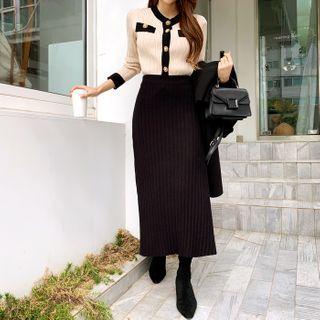 Knit Set: Faux-pearl Cardigan + Long Skirt Ivory - One Size