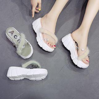 Fluffy Strap Wedge Platform Sandals