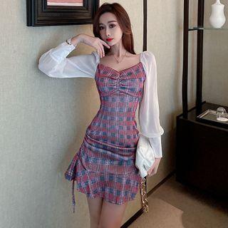 Long-sleeve Paneled Mini Mermaid Plaid Dress