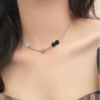 Beaded Necklace 1 Pc - Silver & Black - One Size