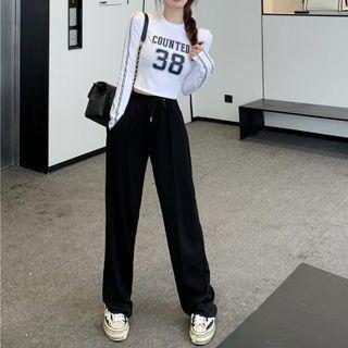 Lettering Long-sleeve Cropped T-shirt / High-waist Drawstring Wide-leg Pants