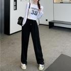 Lettering Long-sleeve Cropped T-shirt / High-waist Drawstring Wide-leg Pants