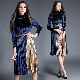 Long-sleeve Color-block Pleated Dress